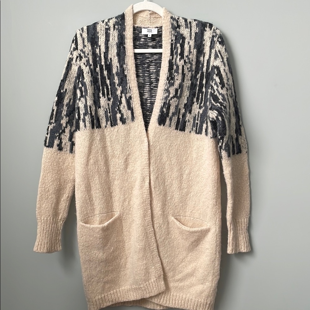 Cream and Black Abstract Cardigan Sweater